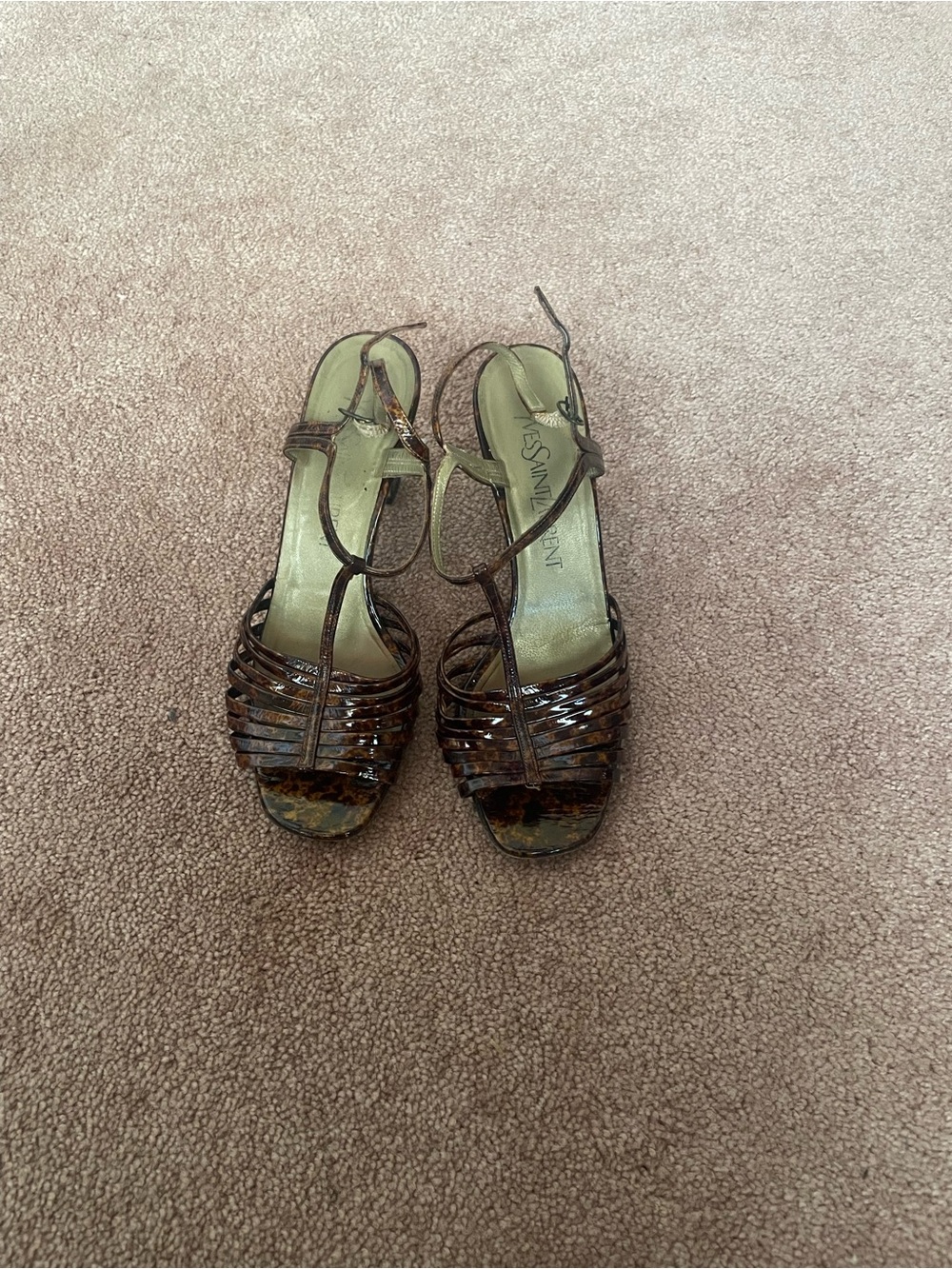 Yves Saint Laurent Brown Tortoiseshell Patent Strappy Heeled Sandals